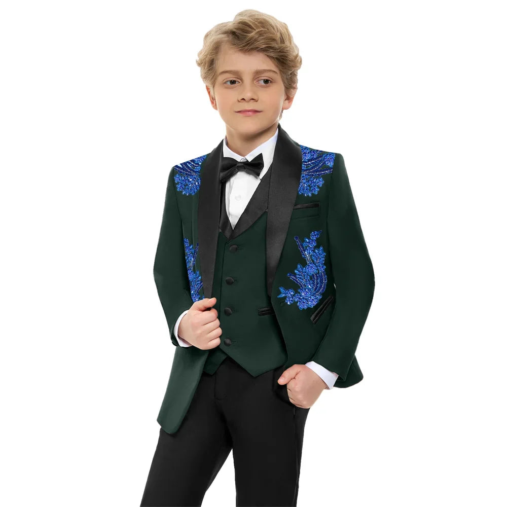 Stunning Luxurious Beaded Kids Suits Set 4 Pieces Handsome Dark Green Children's Tuxedo Party Wear Easter Boys Blazer In Stocks