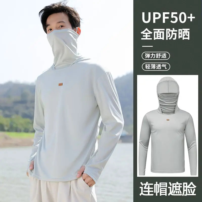 Mens UPF50+ T-Shirt Hoodie Tight Sports Casual Sun Protection T-Shirt Running Quick Dry Hoodie Sunscreen Fishing Men's Clothing