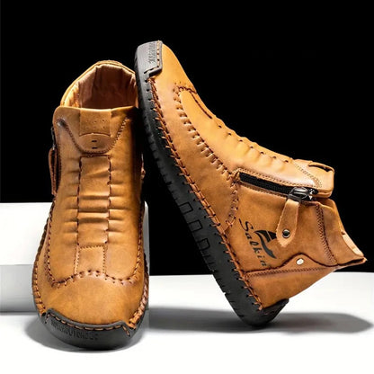 Men's Hand-Sewn High-Top Boots, Fashionable Side-Zip Casual Shoes, All-Season Outdoor Boots, Large Size Men's Shoes, Comfortable Bare Boots