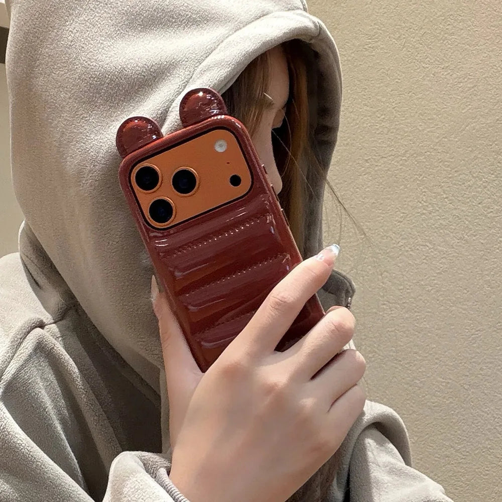Coordinated Winter Bear-Ear Down Jacket For iPhone 17 16 15 14 Pro Max Phone Case Shockproof Fashion Cover Skin Leather Funda