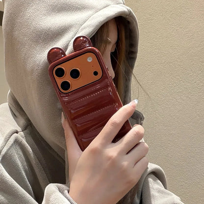 Coordinated Winter Bear-Ear Down Jacket For iPhone 17 16 15 14 Pro Max Phone Case Shockproof Fashion Cover Skin Leather Funda