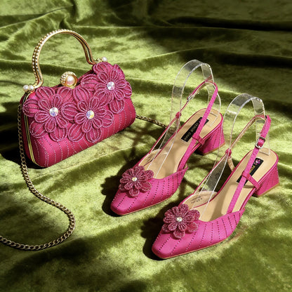 Party Shoes and Bag Ladies Heel Decoration Pure Elegant Flower Wedding Shoes and Bag Full Rhinestone Fashion Handbag