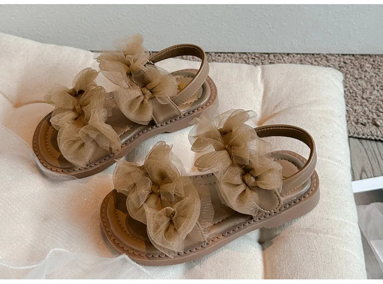 Girls' Sandals 2024 Summer New Fairy Style Princess Sandals with Mesh Bow Kids Versatile Fashion Sweet Beach Shoes for Vacation