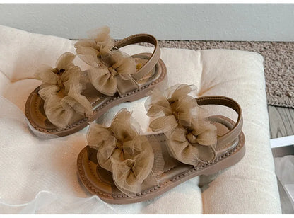 Girls' Sandals 2024 Summer New Fairy Style Princess Sandals with Mesh Bow Kids Versatile Fashion Sweet Beach Shoes for Vacation