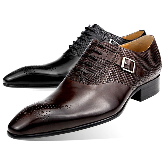 Mens Formal Genuine Leather Shoes Fashion Zapato Social Male Wedding Dress Loafer Weave Printing Lace-up Daily Brogue Shoes