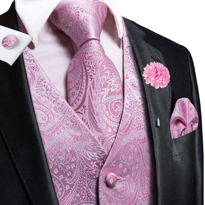 Luxury Mens Vests Black Gold Floral Jacquard Waistcoat Tie Hanky Cufflinks Brooch Set for Men Suit Wedding Office XL