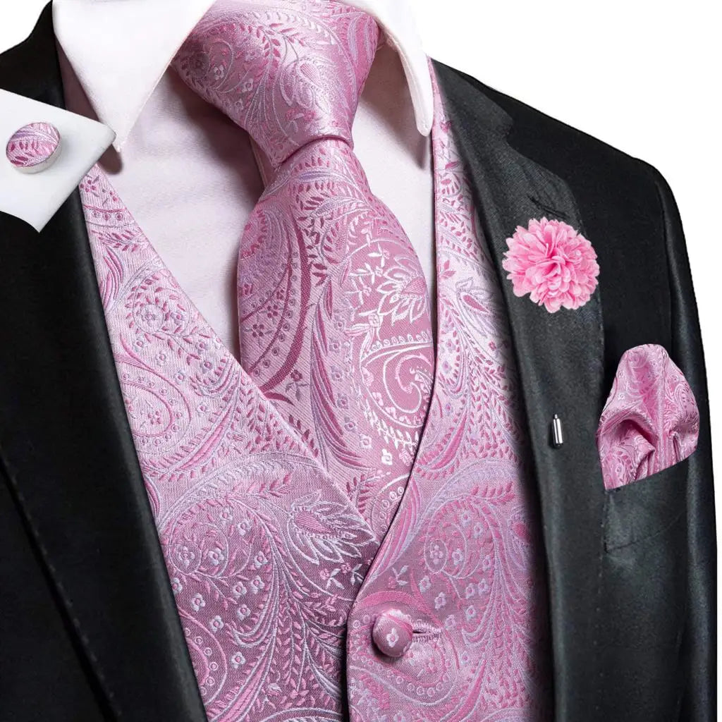 High Quality Silk Mens Vests Champagne Paisley Waistcoat Neck Tie Hanky Cufflinks Brooch Set for Men Suit Wedding Office