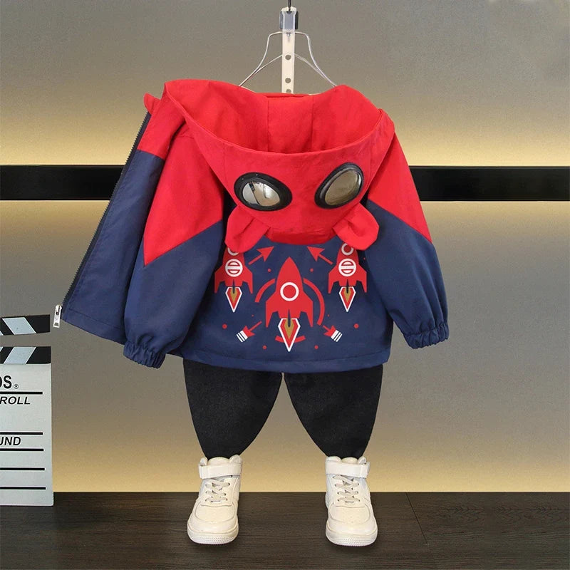 2025 Spring Autumn Kids Jacket Baby Boy Fashion Rocket Print Hooded Zipper Windbreaker Coat Children Clothing Outerwear 2-12 Yrs