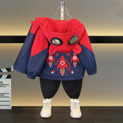 2025 Spring Autumn Kids Jacket Baby Boy Fashion Rocket Print Hooded Zipper Windbreaker Coat Children Clothing Outerwear 2-12 Yrs