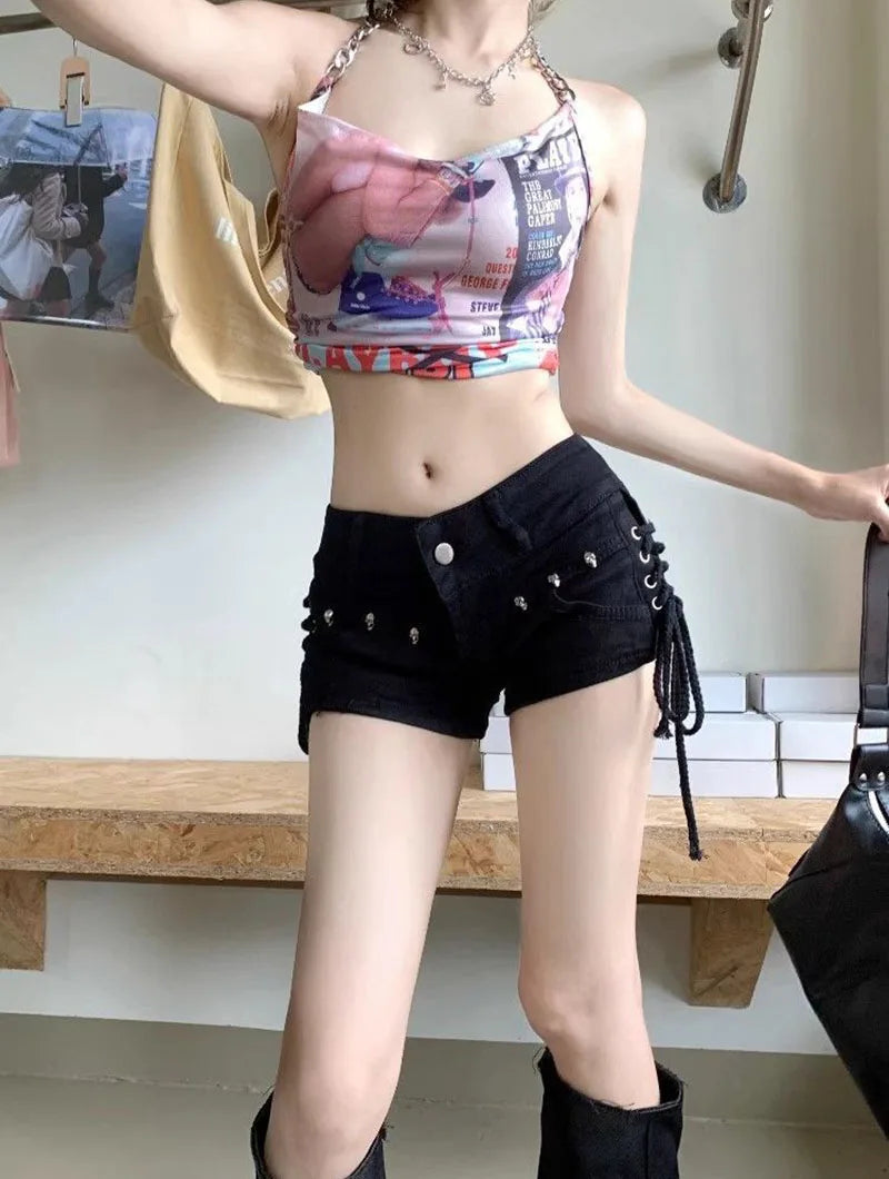 Black Gothic Punk Denim Shorts for Women Creativity Lace-Up Popular Y2K Cowboy Short Pants Lady Sexy Skinny Elastic Jean Shorts