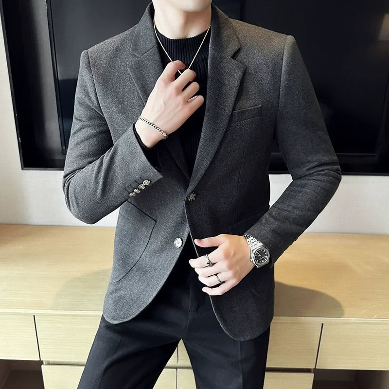 Autumn  Winter New Fine Striped Woolen Suit Jacket Men Casual Business Slim Fit Party Dress Formal Wedding Fashion Suit Coat