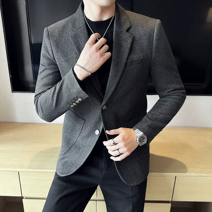 Autumn  Winter New Fine Striped Woolen Suit Jacket Men Casual Business Slim Fit Party Dress Formal Wedding Fashion Suit Coat
