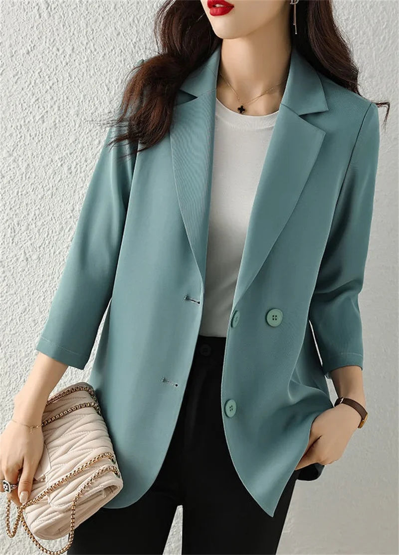Women Solid Blazers Coat Fashion Slim Suits Female Casual Three-Quarter Sleeve Chic Tops Thin Office Lady Blazer Spring Summer