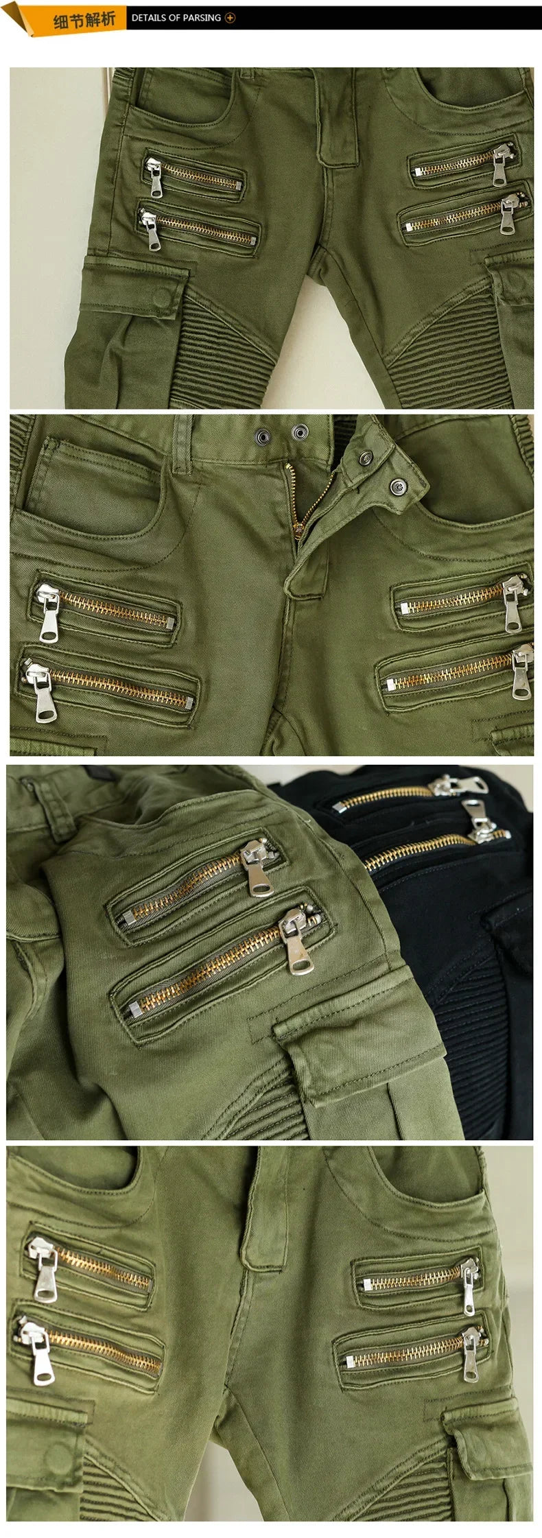 Fashion Fold Men Jeans Stretch Pleated Biker Cargo Jeans Zipper Skinny Slim Fit Trouser Hiphop Punk Multi Pocket Denim Pant Male
