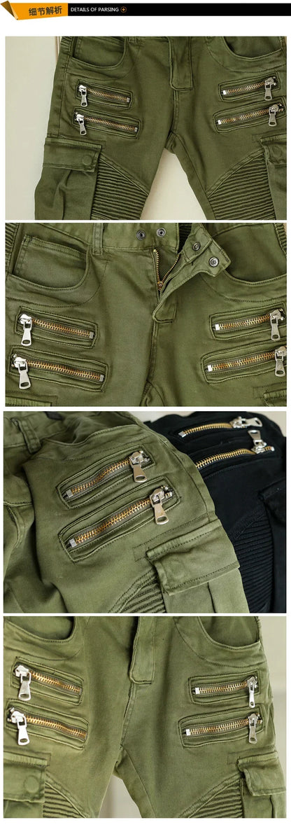 Fashion Fold Men Jeans Stretch Pleated Biker Cargo Jeans Zipper Skinny Slim Fit Trouser Hiphop Punk Multi Pocket Denim Pant Male