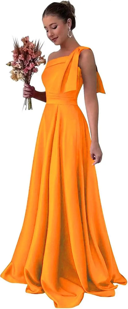 One Shoulder Large Bow Bridesmaid Dress with Pleated Satin and Pockets Simple ,Stylish Ball Dressadies' Guest One Shoulder Dress
