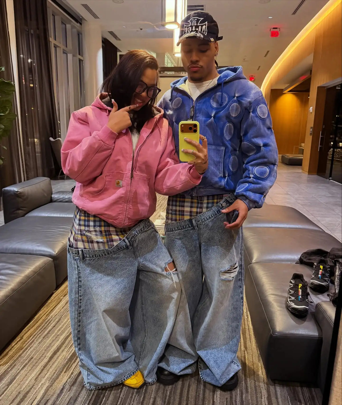 Y2k Slanted Runway Baggy Jeans Retro Plaid Patchwork Men Women Wide Leg Pants American Hip Hop Streetwear Unisex Casual Jeans