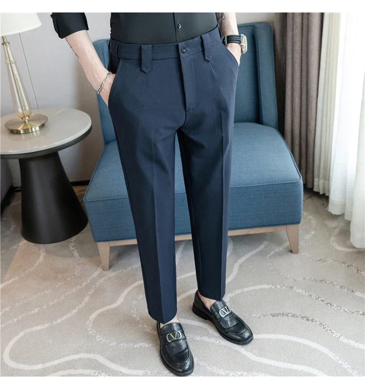 Elastic Waist Solid Color Suit Pants Men Formal Slim Fit Business Casual Trouser High Quality Social Wedding Fashion Dress Pant