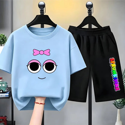 Summer Boys Girls Age 3-12 Tee+Shorts Suit Children Short Sleeve T-Shirts Child Casual Pink Black Clothes Sprunki Graphics