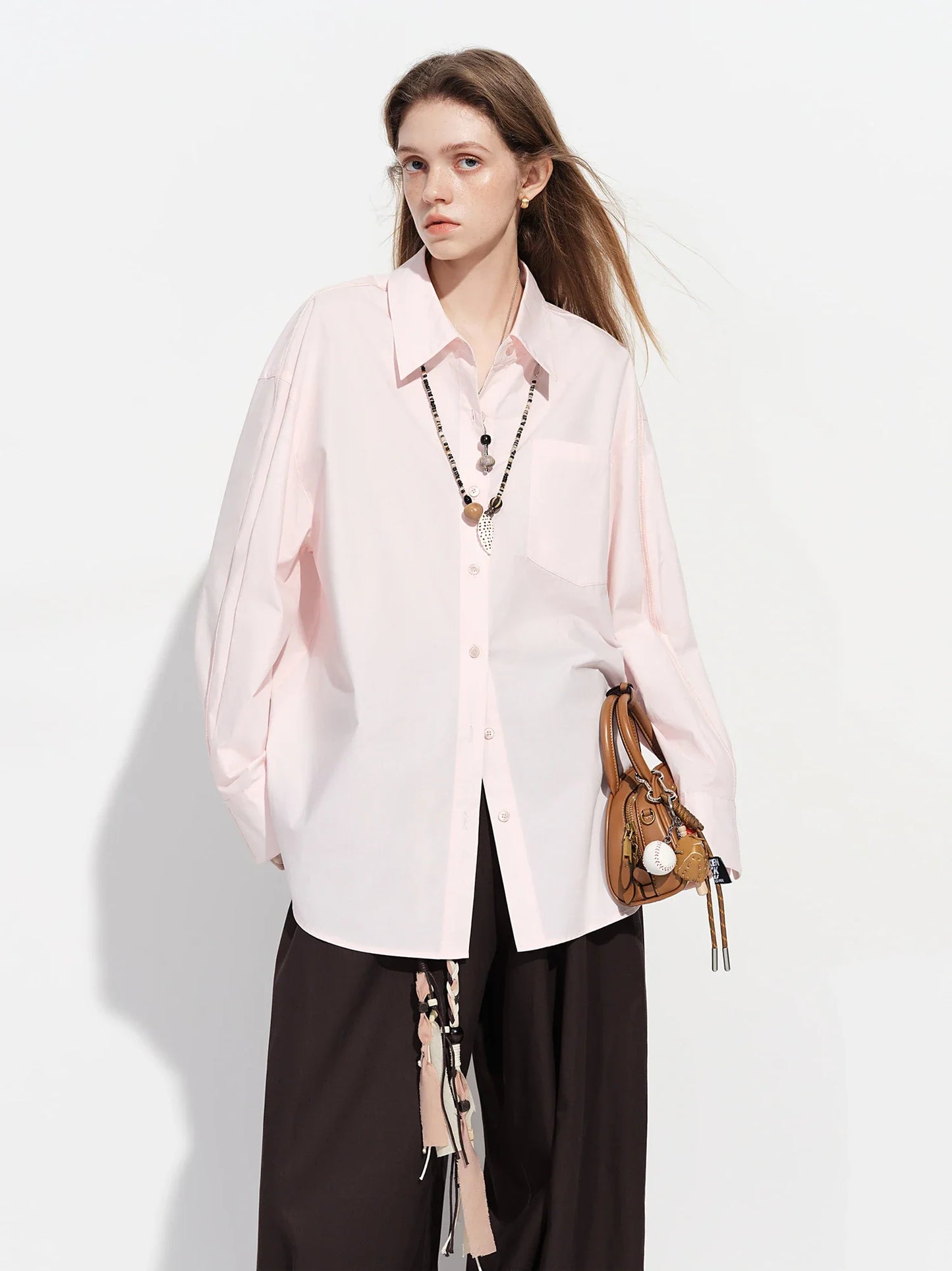 Women's French Loose Fit Cotton Shirt Long Sleeve Layering Top with Web Strap Detail Casual Oversized Blouse