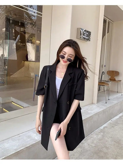 Korean Fashion Loose Thin Blazer Women Spring Autumn New Extra Large Mid Length Short Sleeved Women Coat Casual Outwear