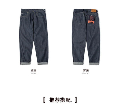 Vintage 13.5oz Heavyweight Denim Jeans Washed Straight Mid Waist Pants Men's Indigo Selvedge Raw Denim Jeans for Autumn