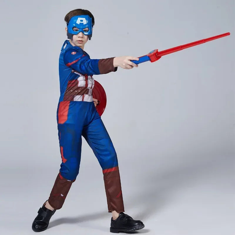 Kid Boys Captain America Muscle Costume Superhero Cosplay Jumpsuit  Halloween Carnival Party Birthday Dress Up Role Play Costume