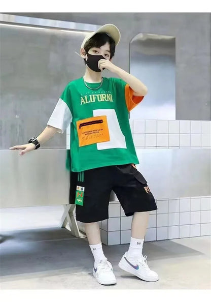 Summer Boys Clothes Sets Teenager Casual Outfits Kids Print T-shirt +Shorts 2Pcs Children Short Sleeve Tracksuit Suits 5-12 Year