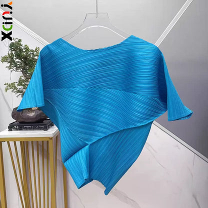 Vibrant Cyan Blue Miyake Pleated Asymmetric Short Sleeve Top, Irregular Hem Women's Casual All Match Modern Stylish Blouse