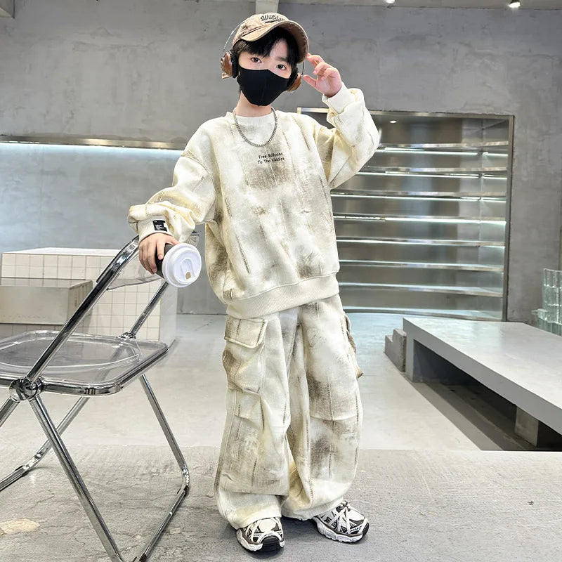 Boys Loose Tie Dye Printed Workout Sweatshirt+Sweatpant Streetwear Set School Kids 2PCS Tracksuit Children Jogger Outfit 5-16 Yr