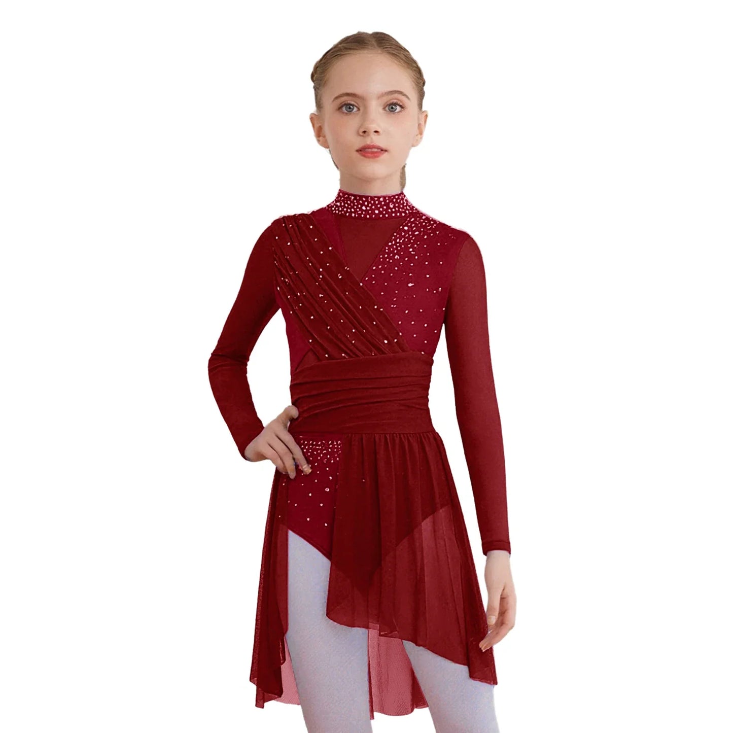 Kids Girls Gymnastics Figure Skating Ballet Lyrical Dance Costume Dress Side Split Sheer Mesh Ruched Glittery Rhinestones Dress