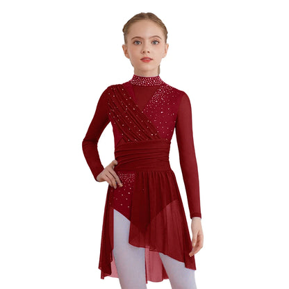 Kids Girls Gymnastics Figure Skating Ballet Lyrical Dance Costume Dress Side Split Sheer Mesh Ruched Glittery Rhinestones Dress