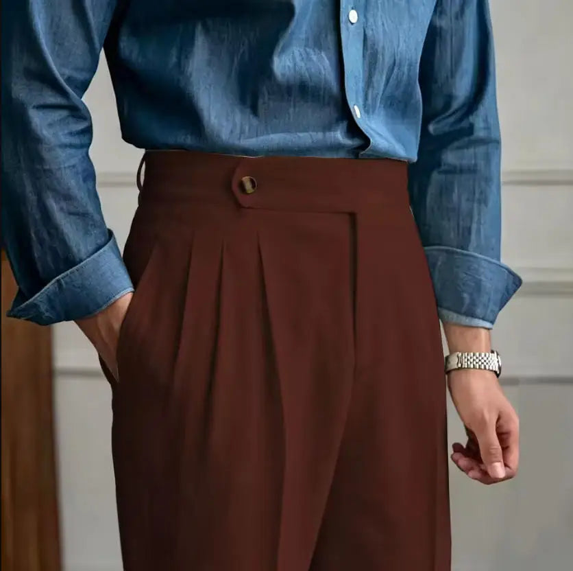 Classic Linen Men Suit Trousers Italian Naples Style Pleated Street Wear Summer Trendy High Waist Pants Male Business Office