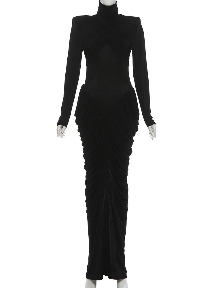 Autumn New Style Maxi Dress Women Turtleneck Full Sleeve Backless Skinny Stretch  Prom Party Ruched Elegant Vestidos