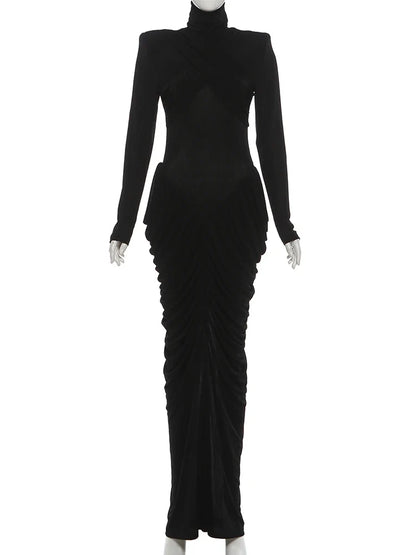 Autumn New Style Maxi Dress Women Turtleneck Full Sleeve Backless Skinny Stretch  Prom Party Ruched Elegant Vestidos