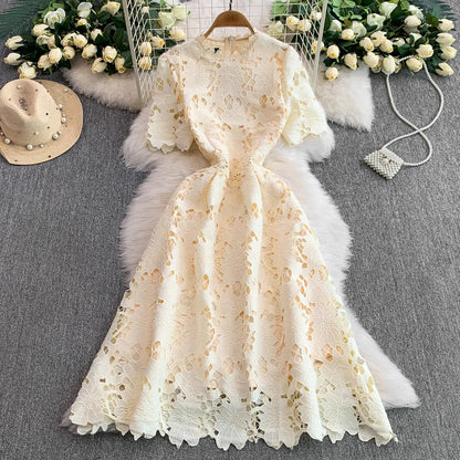 Ele Summer Lace round Ne Dr Women's High Waist Slimming Long Skirt Korean Sle Commute High Softn Regular Sve