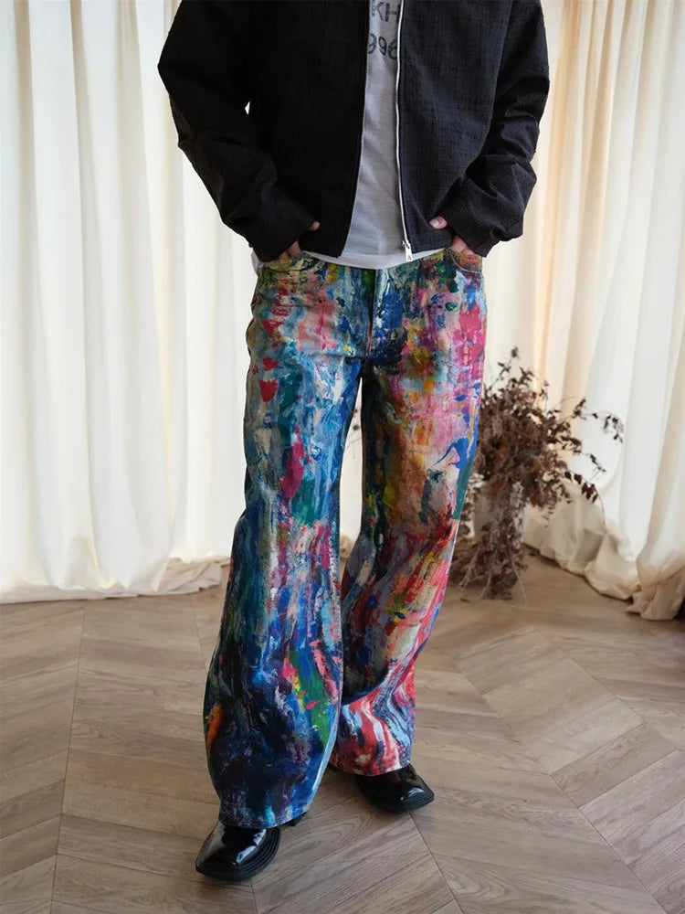 2026 Ropa Y2K Streetwear Graffiti Painting Baggy Jeans Pants For Men Designer Clothes Colorblock Kanye Wide Leg Denim Trousers