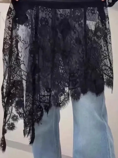 Faionable Asymmetric Lace f Skirt Women's Sli Overlap ort Skirts Summer New Arrival plus Size Korean Sle High Wa...