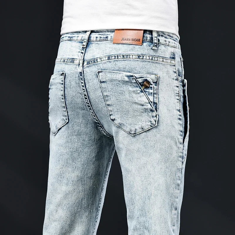 Slim Skinny Jeans Men New Elastic Korean Design Fashion Multi-Button Blue White Vintage Wash Cotton Stretch Denim Pants Trousers