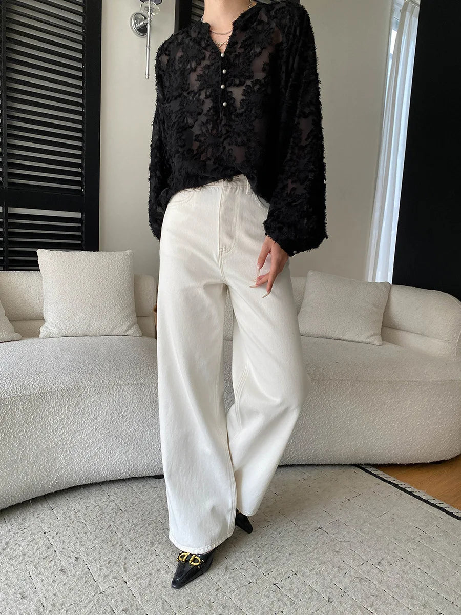 Spring women's fashionable and simple commuting temperament, high waist wide leg straight leg slimming jeans