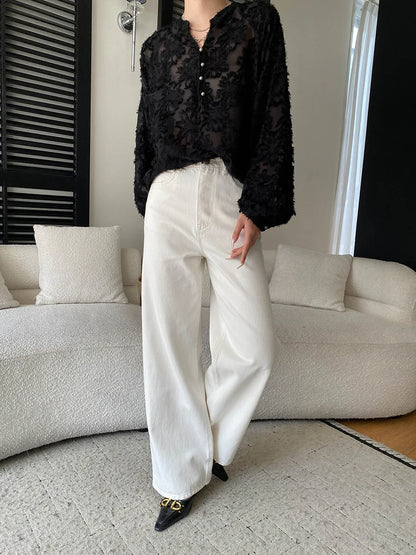 Spring women's fashionable and simple commuting temperament, high waist wide leg straight leg slimming jeans
