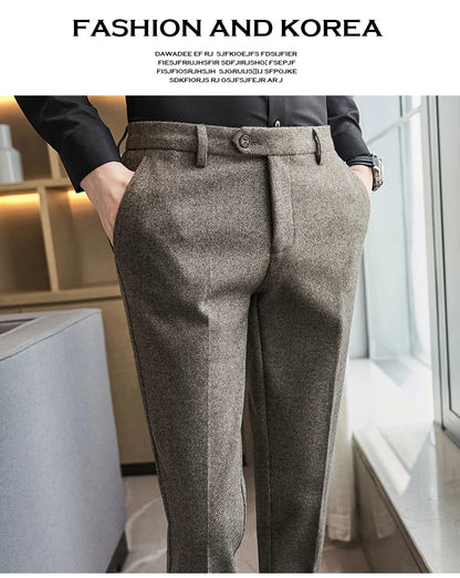 Autumn Winter Woolen Cloth Thickened Suit Pants High Quality Men Business Slim Trousers Formal Wear Office Social Dress Pants