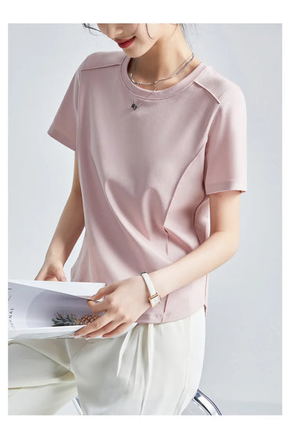 Summer Women's White Mercerized Cotton T-Shirt | 3D Stitching Round Neck Basic Top | Plus Size Slim Fit Layered Casual Blouse