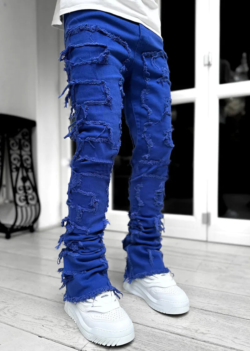 New European and American Heavyweight Streetwise Stretch Patch Jeans for Men, High Street Straight Fit Long Jeans16-3001