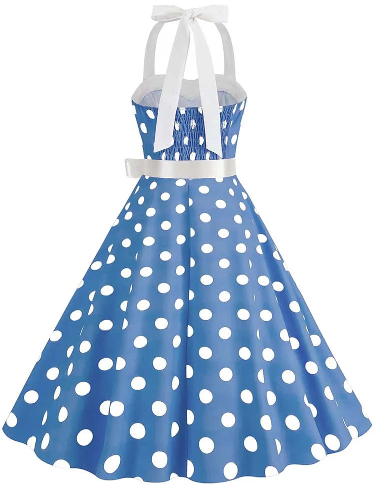 Women Summer Party Dress With Belt Polka Dot Print Halter Hepburn Robe 50s 60s Vintage Dresses