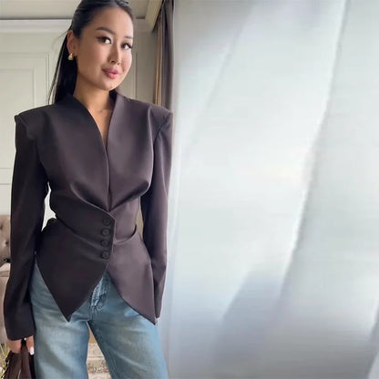 Chic Pleated Waist Cinched Women's Jacket V Neck Single Breasted Lace Up Blazer Coat Lady 2026 Casual Slim Commute Outerwear