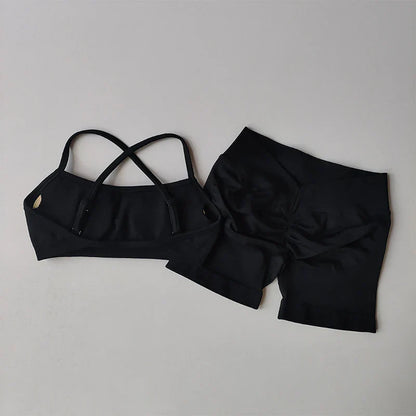 New Women's Seamless Workout Sets Thin Strap Back Sports Bra & 3-Inch Shorts, Quick Dry Gym Yoga Outfits