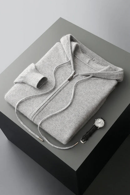 2025 New Men Knitted Plane Hooded Cardigan Cashmere Sweater Zipper Design Pocket Decoration High quality Thick Warmth Hoodie
