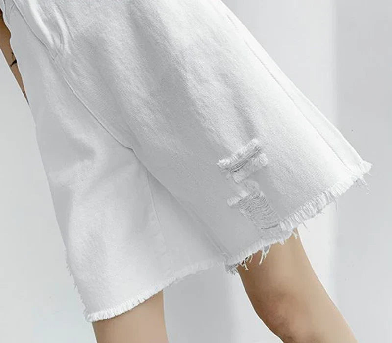 Women Tassels Denim Shorts Korean Fashion Letter Embroidery Wide Leg Shorts Casual Streetwear High Waist Female Shorts