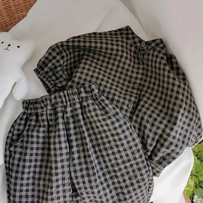 Kid Girls Korean Style Cotton Linen Suits Spring Autumn 2026 New Summer Baby Girl Fashion Casual Plaid 7-point Sleeve 2pcs Sets